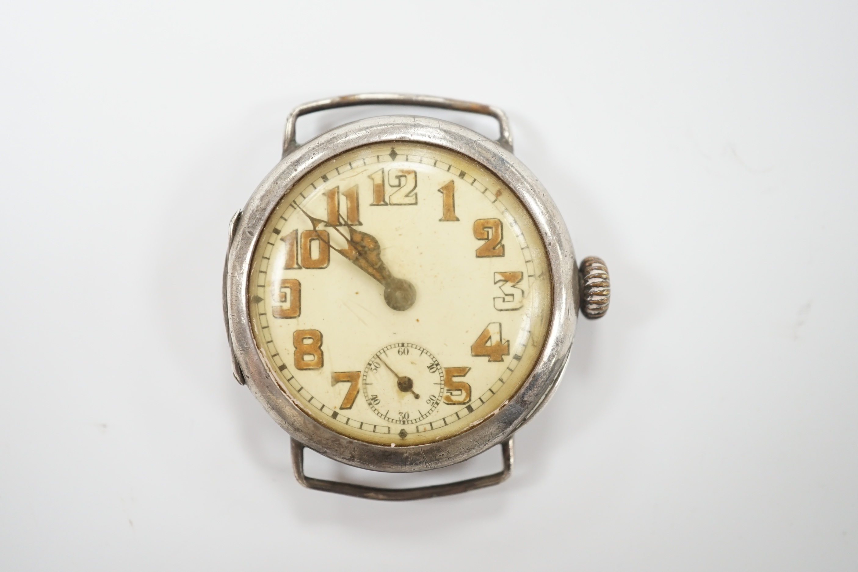 A WWI Rolex silver manual wind wristwatch, case hallmarked for 1916, case diameter 34mm, no strap.